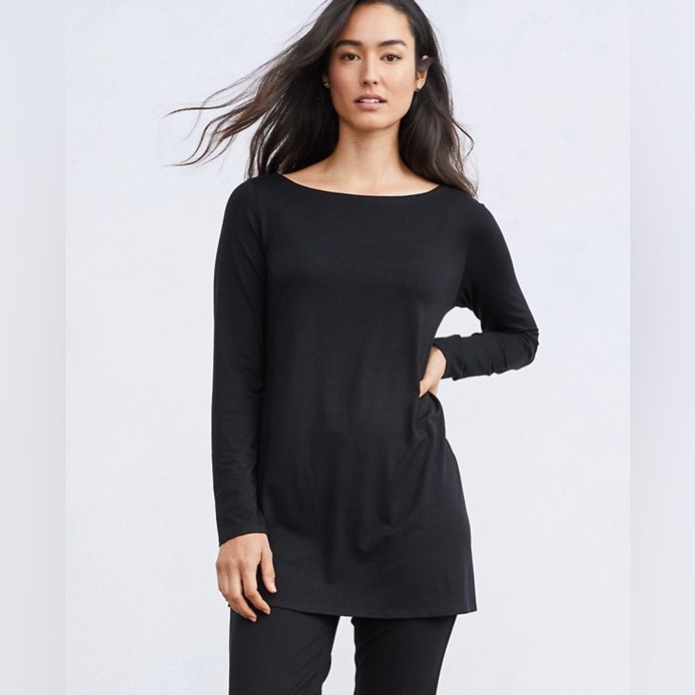 Eileen Fisher Black Soft Stretch Long Sleeve Shirt Size Large Great Basic Top